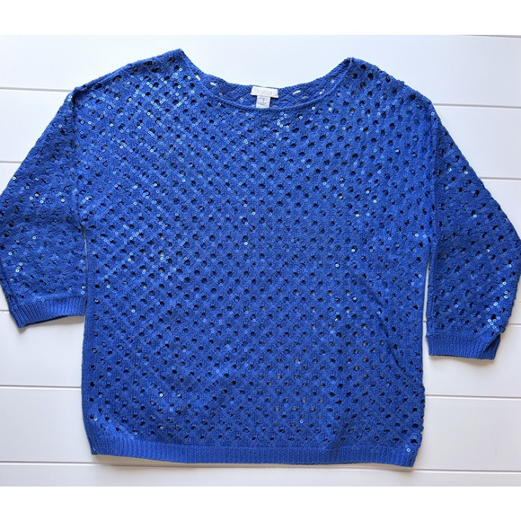 Chicos Size 1 | M /8 Sasha Sequin Pullover Sweater Royal Blue Open Knit Sparkly - Picture 7 of 11